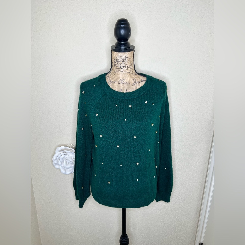 NTM Draper James Green Rhinestone Embellished Sweater Crew Neck Cozy Size Medium